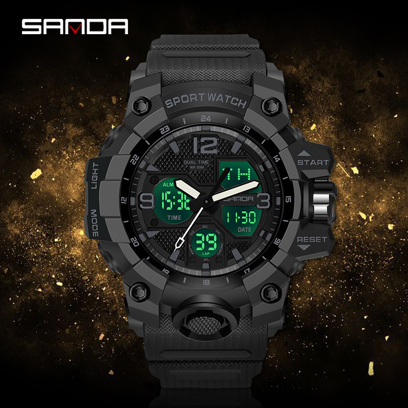 นาฬิกาข้อมือผู้ชายกันน้ำ SANDA นาฬิกาสปอร์ตแฟชั่นส่องสว่างสุดหรู LED Outdoor Analog Military Multi-function Men Watch