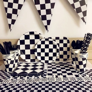 Black White Racing Car Party Deco Servies Chess Disposable tableware Set Checkered Flag Party Supplies Baby Shower Deco for Kids
