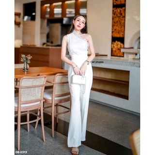 พร้อมส่ง🤍เสื้อไหล่เดียวลูกไม้สีขาว+กางเกง 🤍bt 08-0313