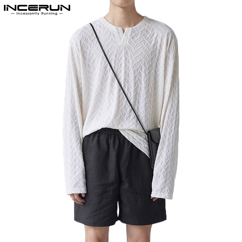 Incerun เสื้อยืดลําลอง แขนยาว คอวี ทรงหลวม แฟชั่น สําหรับผู้ชาย
