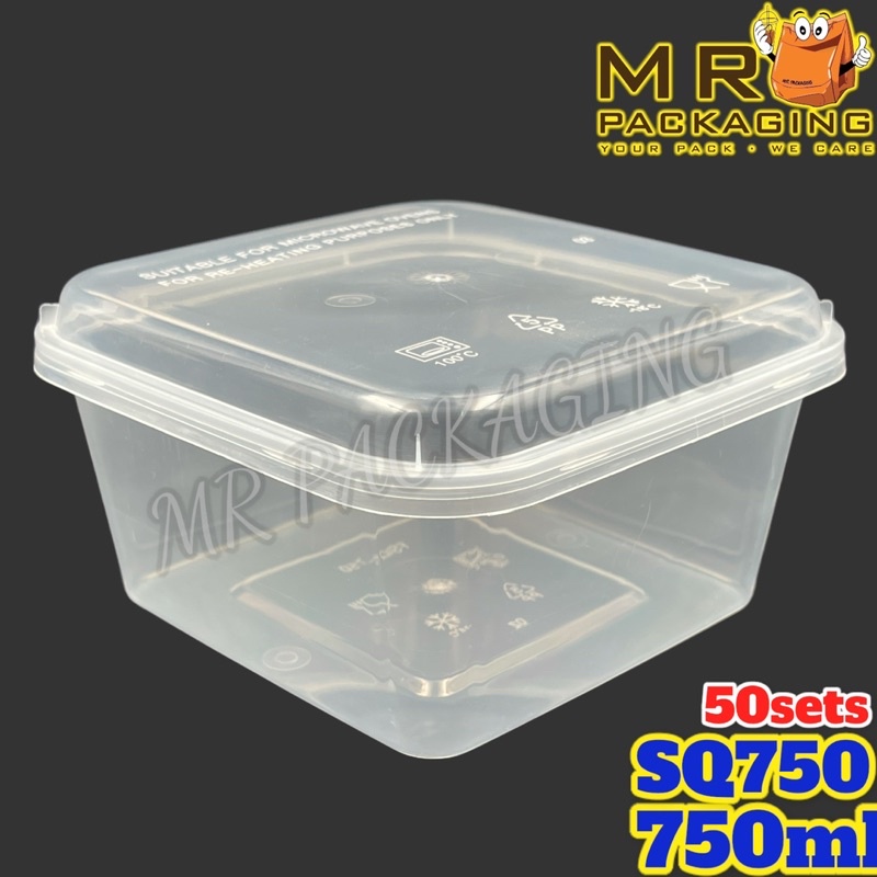 SQ 750 กล่องอาหาร PP พลาสติกแบบใช้แล้วทิ้งทรงสี่เหลี่ยม [ 50 ชุด ] 750ml SQ750