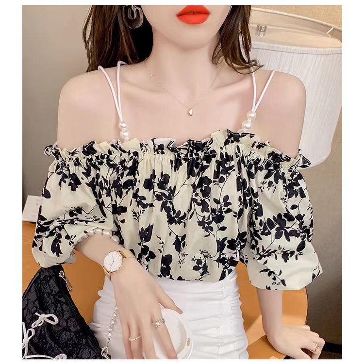 เสื้อลายดอกไม้ เสื้อสายเดี่ยว ปาดไหล่แขนสั้น ผ้าเบาบาง สวมใส่สบาย