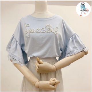 เสื้อแขนระบาย อกปักมุก สีฟ้า