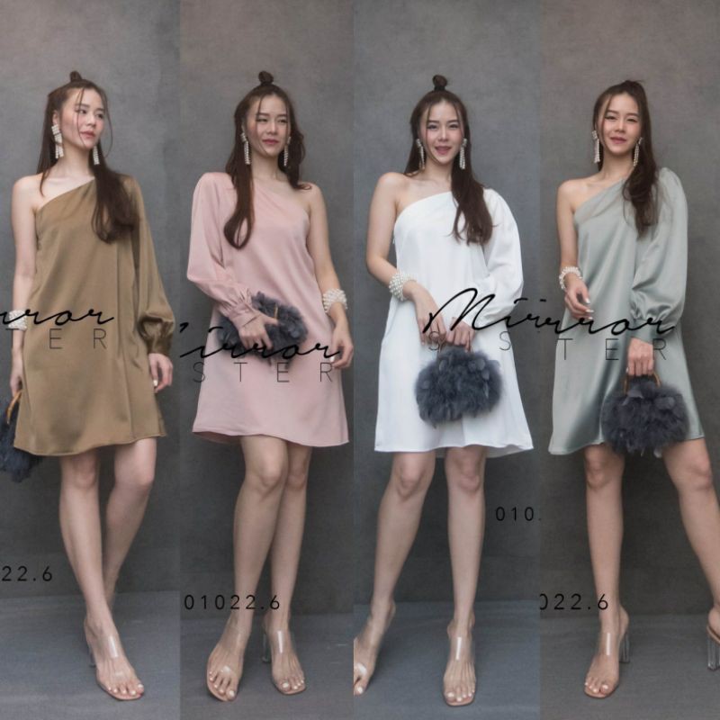 Mirrorsister #01022.6 มินิเดรสตัวสั้น เดรสปาดไหล่ ชุดออกงาน ชุดไปงานแต่ง เพื่อนเจ้าสาว