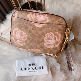 Coach Camera Bag Signature Rose Print Leather Crossbody 31695 Tan Chalk