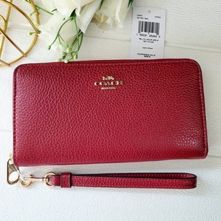 🎀 (สด-ผ่อน) กระเป๋าสตางค์ซิปรอบ มีสายคล้อง สีแดง Red COACH C4451 LONG ZIP AROUND WALLET