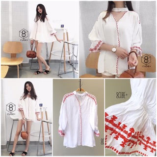 cotton white blouse with red embroidered