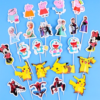 การ์ดไม้จิ้มฟัน แบบสองด้าน ลายการ์ตูน สําหรับตกแต่งเค้กวันเกิดเด็ก 24 ชิ้น ต่อชุด
