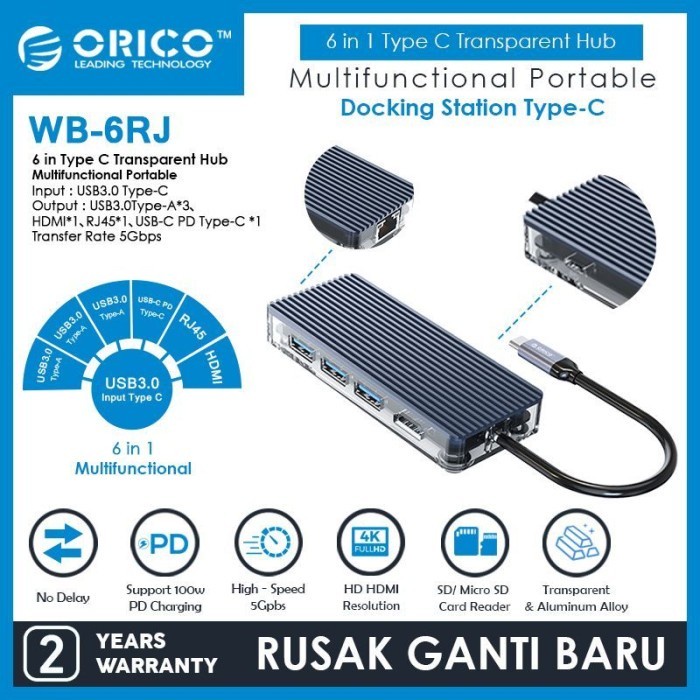 ORICO WB-6RJ 6in1 Type C Hub USB 3.0 HDMI RJ45