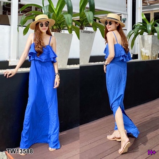 TW13588 Maxi Dress เดรสสายเดี่ยว แต่งระบายสองชั้นช่วงอก งานซิปหลัง เนื้อผ้าสปัน ผ้านิ่มใส่สบายไม่ร้อน รีดง่าย