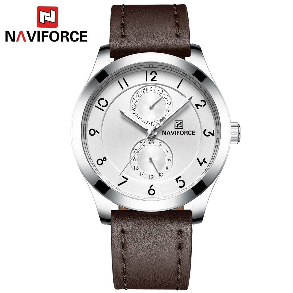 นาฬิกา นาฬิกา naviforce แท้ รุ่น NF3004 S/W/D.BN สีเงินขาว สายหนัง ของแท้ 100% รับประกัน 1ปี