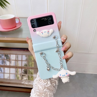 เคสโทรศัพท์มือถือแบบแข็ง กันกระแทก พร้อมสายโซ่คล้อง รูปตุ๊กตา Cinnamon Melody 3D สําหรับ Samsung Galaxy Z Flip 3 4