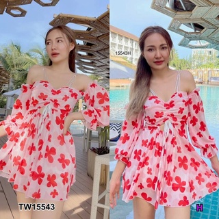 MM15543 เดรสลายดอกไม้สายเดี่ยวคู่ เดรสลายดอกไม้สายเดี่ยวคู่  Double-breasted single-breasted floral dress