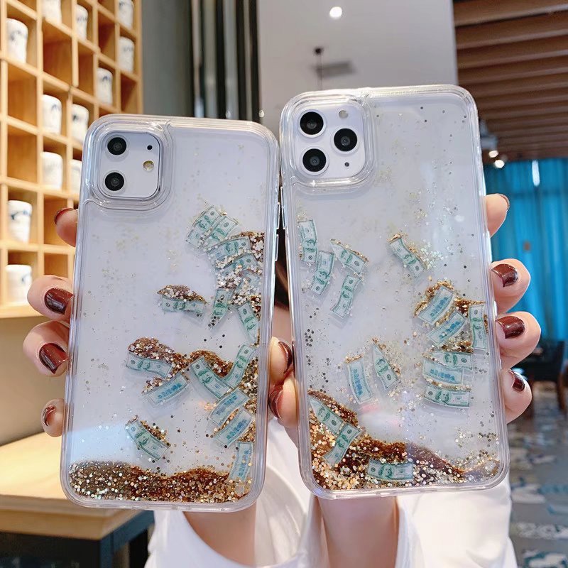 Iphone 13 12 11 Pro MAX US Dollars แวววาว แวววาว ของเหลว วิบวับ ทรายดูด กรอบนุ่ม เคสหลังแข็ง