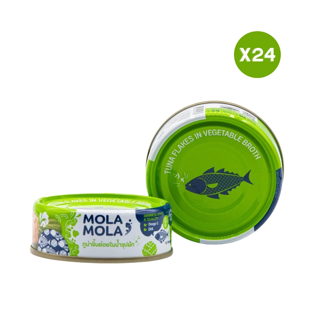 MolaMola โมลาล่า ทูน่าในน้ำชุปผัก สูตรญี่ปุ่น มาตรฐานการผลิตญี่ปุ่น แพ็ค 24 กระป๋อง น้ำหนัก 70 กรัม