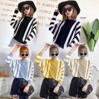 เสื้อกันหนาวไหมพรม แขนยาว แต่งสลับสี ใส่กันหนาวกันลม อก34-40 นิ้ว