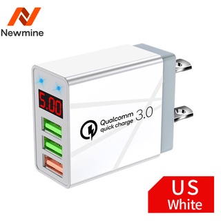 Newmine ที่ชาร์จแบตมือถือ 3USB จอแสดงผลดิจิตอลอะแดปเตอร์ชาร์จเร็ว qc3.0 หัวชาร์จที่ชาร์จ USB มาตรฐานของสหรัฐอเมริกา