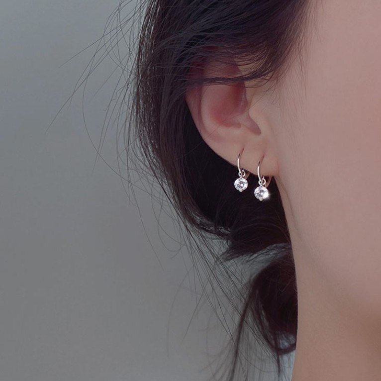 [พร้อมส่ง] ต่างหูก้านเงิน S925 ตุ้มหูห่วงเพชรCZกลม จิวหูก้านเงินแท้ S925