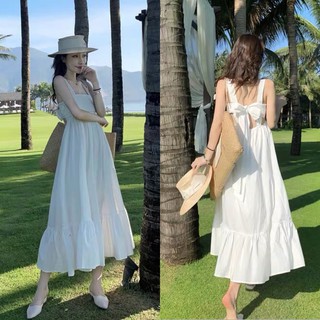 พร้อมส่ง Maxi Dress แม็กซี่เดรสสายเดี่ยว เดรสยาวสายเดี่ยวสีขาว เดรสขาว ชุดไปทะเล