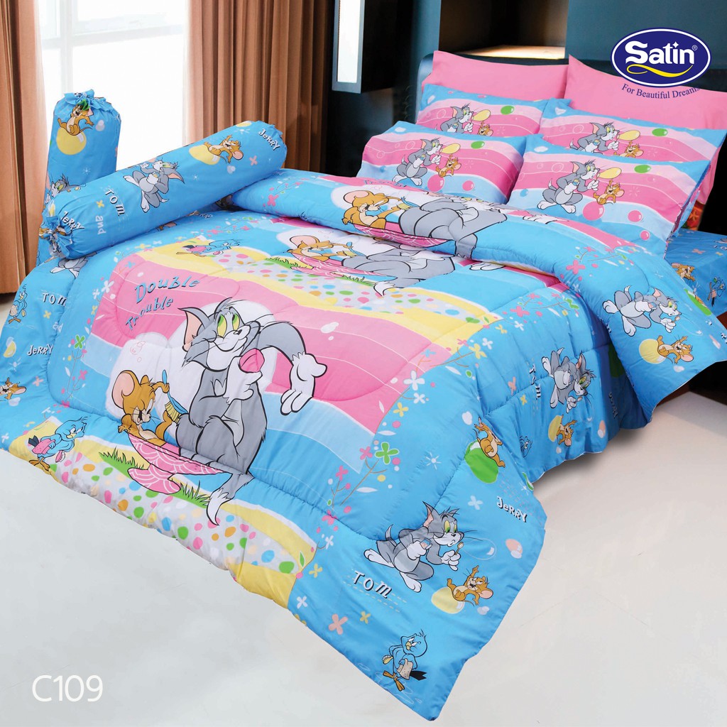 Satin Junior ผ้าปูที่นอน 5 ฟุต 5 ชิ้น (ไม่รวมผ้านวม) No.C109 Tom&Jerry