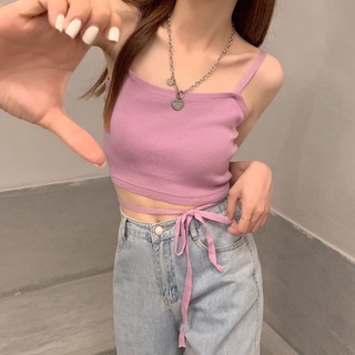 เสื้อสายเดี่ยวไหมพรม มีสายผูกเอว (สีม่วง) พร้อมส่ง 🔥