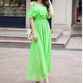 รหัส D1075green ชุดเดรสยาว เนื้อผ้าชีฟอง แขนสั้นโชว์ไหล่ สีเขียว