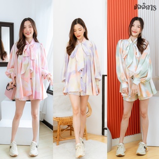 💜พร้อมส่ง🧡💗งานเสื้อแพทเทิร์นผูกโบว์ เเขนทรงบอลลูนหวาน ๆ + กางเกงขาสั้นใส่สบาย แมทช์ใส่ด้วยกันดีงามสุดพลัง**เซทแฟรี่**