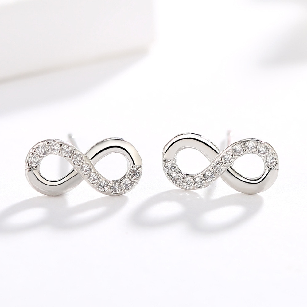 แฟชั่น 925 เงิน Infinity Love Endless สัญลักษณ์ต่างหูสตั๊ดสําหรับผู้หญิง CZ Knot สาวต่างหูเครื่องประดับเงินสเตอร์ลิง