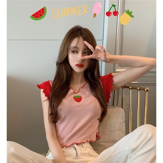 koreass  เสื้อครอปไหมพรม แบบ ลายสตอเบอรี่​🍓สีน่ารัก NO.9377