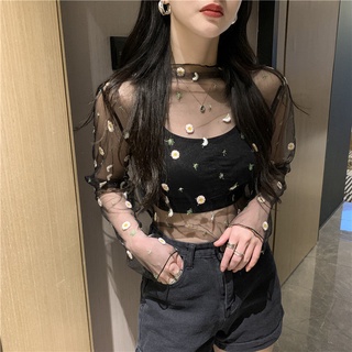 Summer Small Daisy Embroidery Bottoming Shirt Womens Long-sleeved Embroidered Net Gauze Shirt Womens Top Lace Shirt