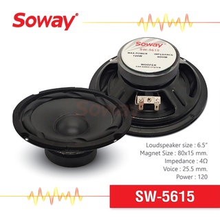 Soway ลำโพงซับ 6.5 นิ้ว 1ดอก/1คู่ แม่เหล็ก 80x15mm 120W 4Ω SW-5615 ลำโพง แอกโคเชียล 6.5 นิ้ว ลำโพงรถยนต์