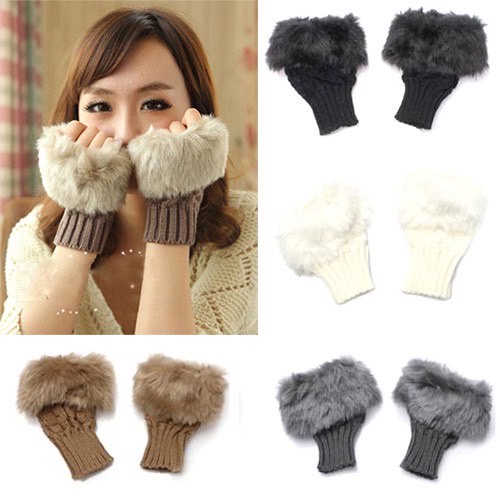🔥พร้อมส่ง🔥ถุงมือไหมพรมถัก กันหนาว ขนเฟอร์ ขนกระต่าย