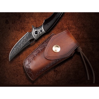 มีดพับ Folding pocket knife Newootz premium ใบ 3.5" เหล็ก Japanese VG10 Damascus กั่นแกะลาย ด้ามไม้แท้ พร้อมซองหนังแท้