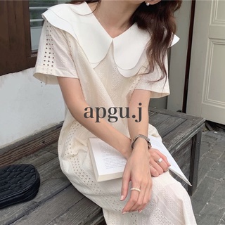 พร้อมส่ง💖 (AP001) เดรส ลูกไม้ สีขาว ลายฉลุ สไตล์เกาหลี lace dress เดรสยาวแขนสั้น apgu.j shop