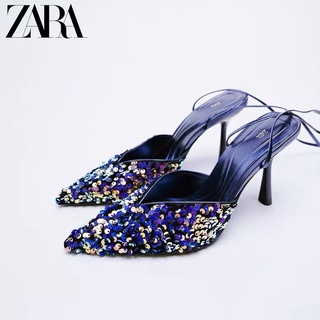 Zara ใหม่ รองเท้าส้นเข็ม หัวแหลม ประดับเลื่อม สีฟ้า แฟชั่นฤดูร้อน สําหรับผู้หญิง 2022