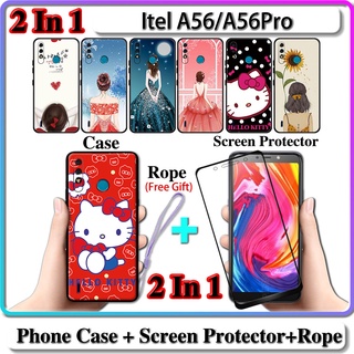 2 IN 1 เคส Itel A56 A56 Pro เคส พร้อมกระจกนิรภัยกันรอยหน้าจอ สําหรับเด็กผู้หญิง และคิตตี้