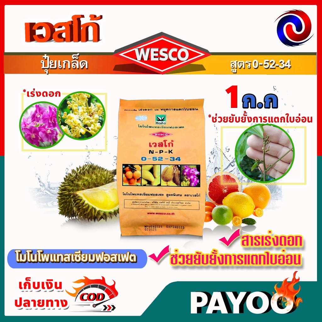 🔥ลด 50% ใส่โค้ด INC8LZ3🔥  WESCO ปุ๋ย 0-52-34 บรรจุ 1 กก.โมโนโพแทสเซียมฟอสเฟต ปุ๋ยเกล็ด เวสโก้ เร่งดอ