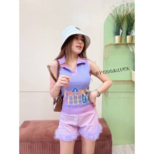 🌈MesubShop🌈 เข้าแล้วเสื้อกล้ามครอป คอโปโล💕ผ้าไหมพรม✅ เสื้อคอปก❤️ บัวฝัน B-014-1-B