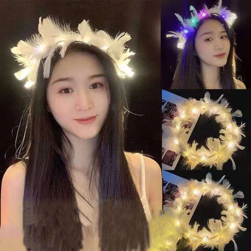 Bo LED Feather Crown Light Up Angel Halo ที่คาดผมผู้หญิงสาว Luminous Headdress