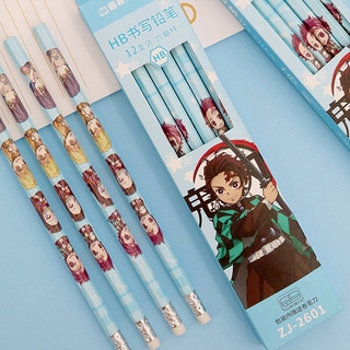 [12แท่ง] ดินสอไม้ HB ลายการ์ตูน มาสเตอร์อาร์ต Anime Demon Slayer Kimetsu No Yaiba Kamado Tanjirou Nezuko Hashibira Inosuke HB Pencils Wooden Student Pencil For Kids Gift School Supplies Pencil Stationery