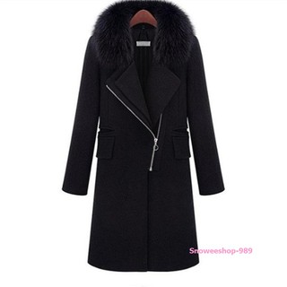 winter wool coat jacket โค้ทกันหนาวสไตส์ยุโรปสีดำปกเฟอร์ แต่งซิปหน้าซับในหนา