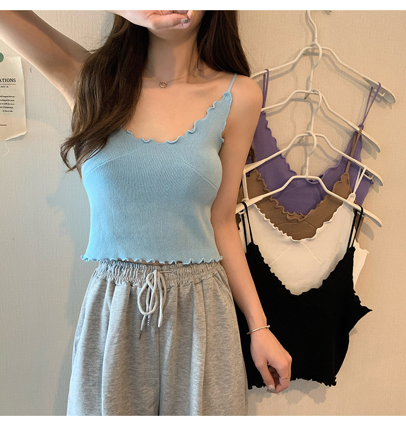 Grace_chili 23122 *New*สายเดี่ยวไหมพรมถัก สายเดี่ยวคอวี คอV สายเดี่ยวเซ็กซี่ เสื้อกล้ามเข้ารูปผ้าไหมพรมแต่งขอบหยักระบาย