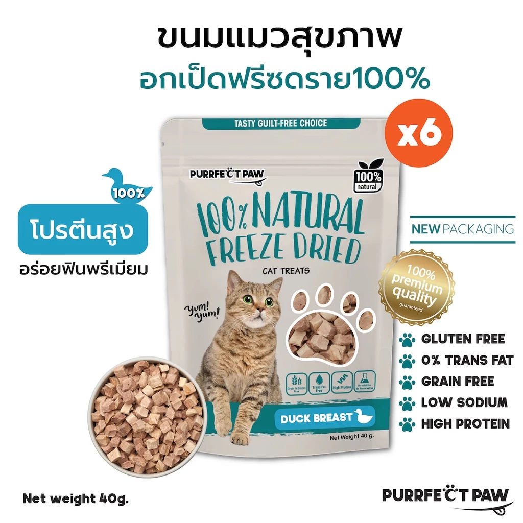 🐾 Purrfect Paw อกเป็ดฟรีซดราย 100% (6 ซอง) ดีต่อสุขภาพ บำรุงขน ไม่เค็ม