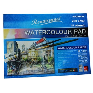 Renaissance Watercolour Pad R-102 เรนาซองฟ้า กระดาษวาดรูปศิลปะ ระบานสีน้ำ 11นิ้ว x 15นิ้ว หยาบ 200แกรม (15แผ่น/เล่ม)