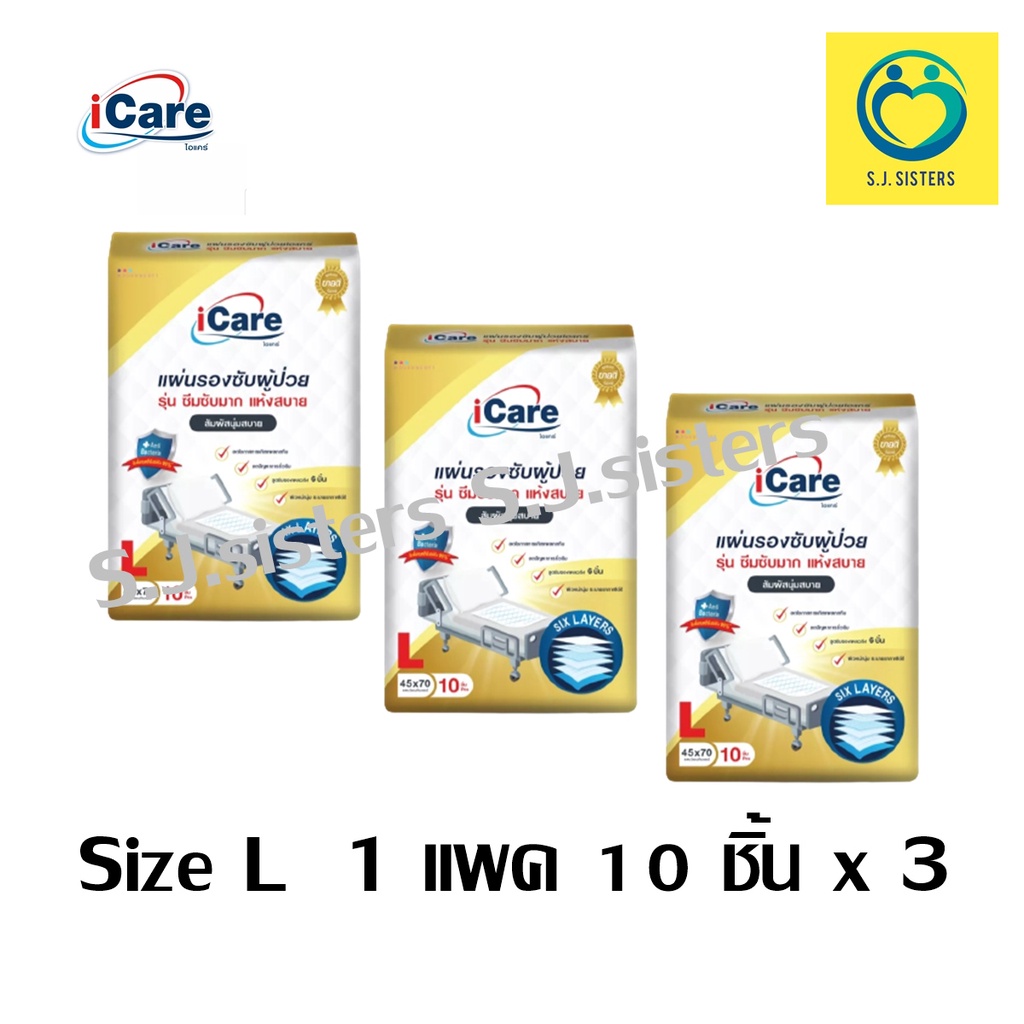 แผ่นรองซับผู้ป่วย iCare ไอแคร์ รุ่น ซึมซับมาก แห้งสบาย ไซส์ L (45x70 cm)(30 ชิ้น/แพค)ของแท้100%