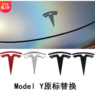 เหมาะสําหรับ Tesla รุ่น Y|สติกเกอร์ฉลากโลหะ แบบดั้งเดิม สําหรับติดด้านหน้ารถยนต์ TESLA 3 ชิ้น