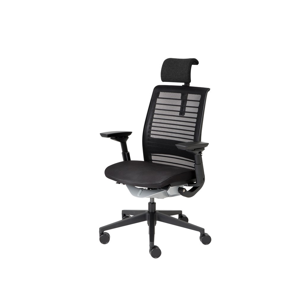 Modernform เก้าอี้เพื่อสุขภาพ Steelcase ประกัน 12 ปี รุ่น Think V2 พนักพิงศีรษะหุ้มผ้าดำ โครงสีดำ พนักตาข่ายดำ