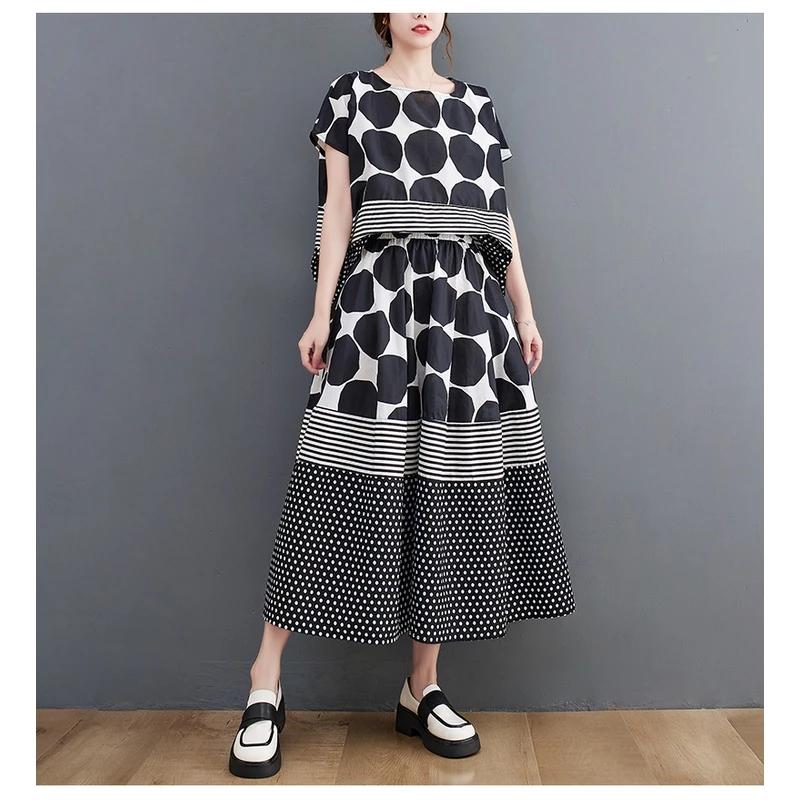 Oladivi Plus ขนาดผู้หญิงเสื้อผ้าแฟชั่น Polk Dot พิมพ์แขนสั้นลําลองหลวมเสื้อ + กระโปรงสองชิ้นชุดฤดูร้อนใหม่ขนาดใหญ่เสื้อด้านล่าง 3553 L XL XXL 3XL C051B thumbnail 7