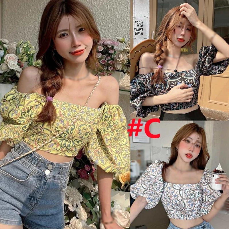 เสื้อครอปเชิ้ตแขนพอง ผ้าชีฟองลายดอกไม้ สไตล์เกาหลี thumbnail 9
