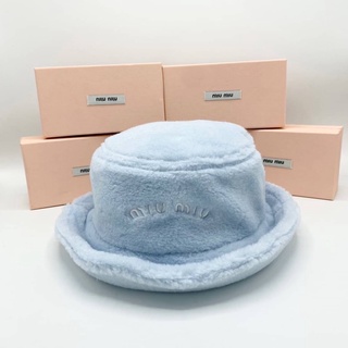 MIU MIU SHEARLING LOGO EMBROIDERED COTTON BLEND TERRY BUCKET CAP หมวกบักเก็ต แบรนด์มิวมิว ขนปุย นุ่มนิ่ม ปักตัวหนังสือ